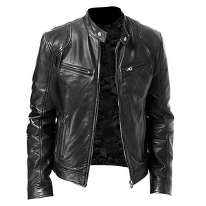 Chaqueta de cuero de motocicleta con estilo personalizado de calle alta, Vintage tela tejida de alta calidad, cuello levantado, cremallera frontal XS para otoño - Product Image 1
