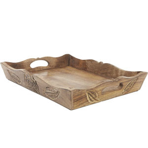 Plateau de service en bois de manguier sculpté à la main avec poignées découpées Plateau rectangulaire en bois décoratif pour la décoration de la maison Plateau de service - Product Image 4
