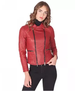Womens Real Red Leather <b>Jacket</b> Double Zip Front Biker Coat Quilted Sleeve <b>Sheepskin</b> Outerwear Custom Slim Fit Moto <b>Jacket</b> - Product Image 2