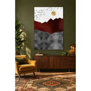 Impresión en lienzo de las montañas de Fida Burgundy con luna dorada y rebaño de pájaros - Product Image 5