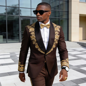 Designer Brown 2 Piece Tuxedo <b>for</b> <b>Men</b> with Gold <b>Floral</b> Embroidery - Product Image 1