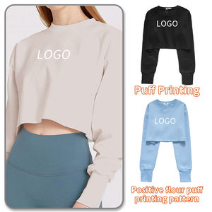 Top corto de color sólido de alta calidad con capucha Sudaderas con cuello redondo para mujer ropa informal Jersey de algodón sudaderas con capucha - Product Image 5