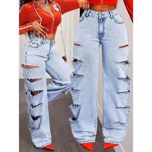 กางเกงยีนส์ขาบานทรงดิสเทรส ดีไซน์เก๋ ใส่สบาย เอวสูง สไตล์ลำลอง ระบายอากาศได้ดี ตัดเย็บแบบคัตเอาท์ ไซส์ XL ลายพิมพ์โลโก้ - Product Image 4