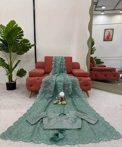 TENDENCIA GOLD CRUSH SECUENCIA TRABAJO SAREE CON BLUSA DESCOSADA DESPIECE DE FIESTA PRECIO AL POR MAYOR ROPA ÉTNICA SKY - Product Image 3