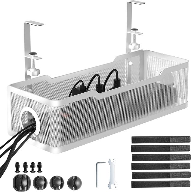 Under Desk No Drill Cable Management Tray White with Clamp for Desk Wire Management Box for Office Home