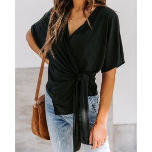Blusa de viscosa con cuello cruzado y lazo lateral para mujer, 37043 - Negro - Product Image 1