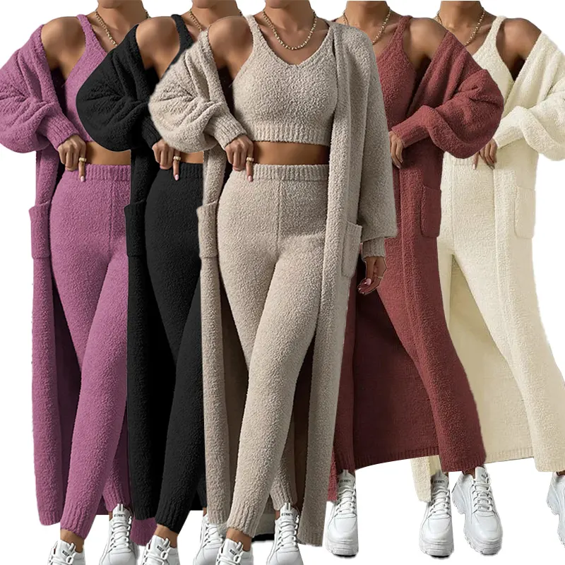 2023 hot selling fluffy long Cardigan &crop Knit Top & Pants 3pcs knitted sweater set for women