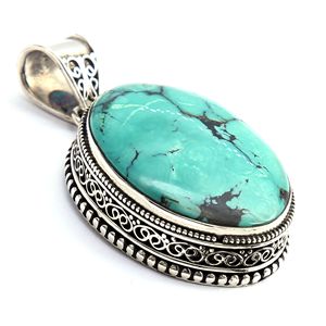 Colgante clásico de Plata de Ley 925 con piedras preciosas de turquesa tibetana, colgantes y dijes finos al por mayor en forma ovalada - Product Image 2