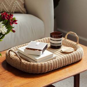 Bandeja de servicio redonda de ratán tejida a mano con asas Plato decorativo de mimbre natural para el hogar y la cocina - Product Image 5