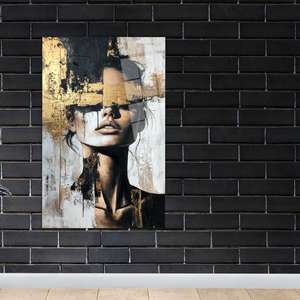 Art mural en verre trempé Golden Woman : Portrait moderne imprimé sur toile, ART EN VERRE TREMPÉ - Product Image 1
