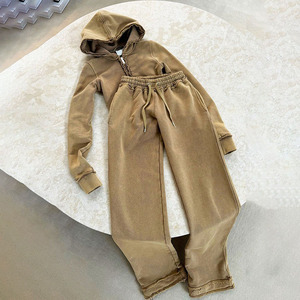 Fabricantes de ropa personalizada Desgastado Lavado ácido en blanco con cremallera Sudaderas con capucha y pantalones de chándal Conjunto de chándal de alta calidad Mujeres - Product Image 1