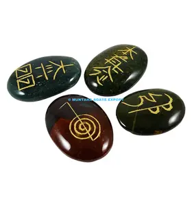 Bloodstone Usui Reiki Set | Set Van 4 Stuks Bloodstone Reiki Healing Crystal Ovale Vorm Steen Usui Reiki Symbool Spirituele energie