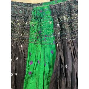 FOLKLORE 145 Satin Denim Pleat <b>Skirt</b> <b>Elastic</b> Waistband Emerald Stripe Bandhani Embroidery Soft Breathable Knit Ruffles - Product Image 1