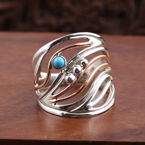 925 Silver Two Tone Ring with Turquoise Trendy Fancy Bezel Setting Ring - Product Image 1