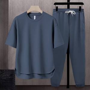 OEM Custom Factory Direct Japanese Style Men's Summer Casual Two-Piece Set Solid Color Plus Size 5 Colors <b>Tshirt</b> & Trouser Set - Product Image 6