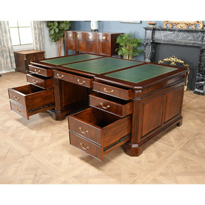 Mahogany Brown Solid Wood Rectangle Writing <b>Desk</b> with Dual-Sided <b>Drawers</b> and Leather Inset 1-Year Warranty - Product Image 2