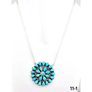 Collier en turquoise de Kingman du sud-ouest et argent sterling avec grappe de fleurs, or 18 carats, diamants et perles, style religieux classique - Product Image 1