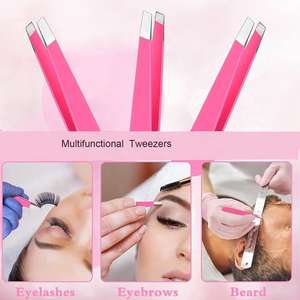 Pinzas moldeadoras de cejas de acero inoxidable con recubrimiento de polvo rosa con etiqueta personalizada OEM con tubo protector de Punta inclinada - Product Image 5
