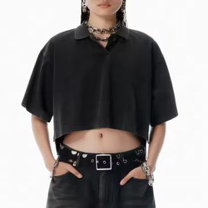 Coton délavé à l'acide pour femmes recadrée pour Polo motif solide respirant Style tricoté décontracté noir Design surdimensionné - Product Image 1