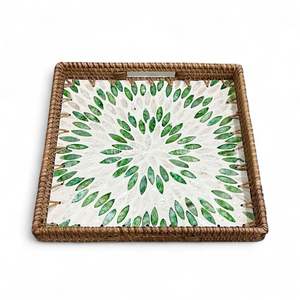 Plateau en rotin et nacre, plateau décoratif fait à la main, écologique, incrustation de coquillages naturels, maison, cuisine - Product Image 1