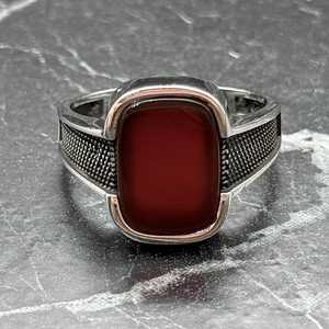 Minimal Modern Masculine Sterling <b>Silver</b> Agate <b>Ring</b> for <b>Men</b> Red Stone Band As Engagement Gift for Husband Boyfriend - Product Image 2