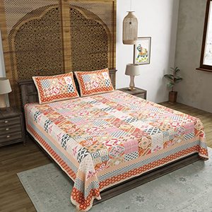 Sábana King Size Orange Chokdi Hand Block Print de algodón puro Sábanas ajustadas y planas - Product Image 6