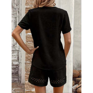 Ensemble deux pièces pour femmes, chemisier à manches courtes et col en V et short, 37650 - Noir - Product Image 5