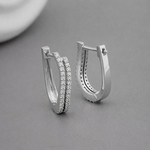 IGI Certified Lab Grown Diamond Double Row <b>Hoop</b> <b>Earrings</b> <b>Solid</b> 925 Sterling <b>Silver</b> Curved Pave Diamond <b>Hoops</b> - Product Image 3