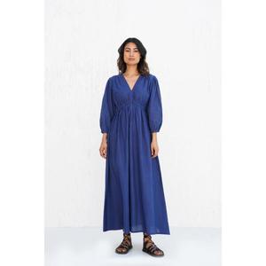 Robe longue maxi pour femme, bleu uni, col en V, manches longues, écologique, lavable, taille élastique, décontractée, été - Product Image 1