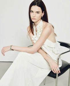 Premium White Halter Maxi <b>Dress</b> Elegant Large 3D Silk Flower Accent Made in Vietnam - Product Image 1