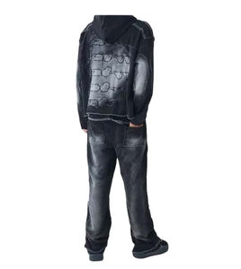 Activewears Two Piece <b>Applique</b> <b>Patch</b> Pullover Flared Tracksuit Streetwear Oversized Acid Wash Tracksuit - Product Image 6