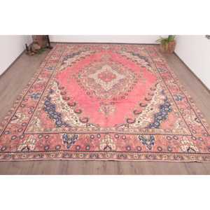 Vintage Turkish Rug, 9.7x12.6 ft Rug, <b>Red</b> Blue Check <b>Wool</b> Rug - Product Image 1