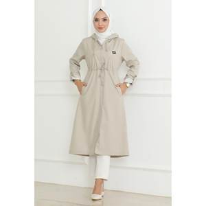 Manteau trench long à capuche et fermeture éclair pour femme, couleur beige, tissu tissé, doublure 100% coton, rembourrage en coton, usage quotidien, Mega Merchant 19205 - Product Image 6