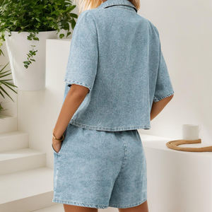 Décontracté été rue 2 pièces ensemble taille haute goutte épaule sans manches haut Activewear Denim Shorts taille haute goutte épaule - Product Image 4