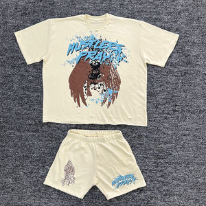 ชุดวอร์มสั้นสำหรับผู้ชายเสื้อสไตล์สตรีทแวร์พิมพ์ลายพัฟวินเทจพิมพ์ลายหน้าจอพลอยเทียมสำหรับ30MOQ - Product Image 5