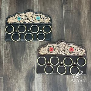 Soporte de Pared para Bufandas, Diseño Floral Turquesa, Cuero Repujado a Mano, Estilo Rústico Occidental, Organizador de Decoración para el Hogar - Product Image 1