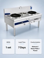 Kompor Wok Gas Komersial Dua Tungku Satu Tingkat dari Baja Anti Karat dengan Wastafel Tengah dan Keran Putar