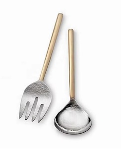 Minimalist Unique Style Silver Glossy Finished Steel Metal Salad <b>Server</b> with Gold Handle Wedding Mirrored Flatware Set - Product Image 4