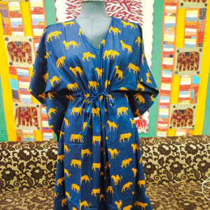 Coton indien main bloc tigre imprimé caftan longue robe pour femmes décontracté vêtements d'été ethnique plage couverture et tenue de fête - Product Image 1