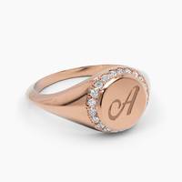 Bague signet personnalisée gravée en or massif 14 carats, bague à initiales sur mesure, bague signet avec diamants naturels ronds, bague statement
