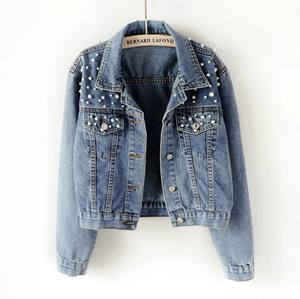 Black Denim <b>Jacket</b> with Stylish Patchwork <b>Pattern</b> Pearl Jean <b>Jackets</b> Blue Jean Women Denim <b>Jacket</b> - Product Image 4