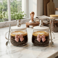 Ensemble de tasses à café en verre modernes et mignonnes avec couvercle, cuillère, design nœud papillon, grande capacité, boîte cadeau pour la maison et le bureau, cadeau de la Saint-Valentin