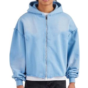 Wholesale Custom Casual Acid Washed Embroidered Hoodie New Arrival Winter <b>Men's</b> Regular Pullover Hooded Blue <b>White</b> Smudge - Product Image 1