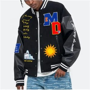 Chaqueta Varsity de Lona de Alta Calidad para Hombre, Estilo Invernal, con Mangas de Cuero y Bordado Chenille en la Parte Delantera - Product Image 1