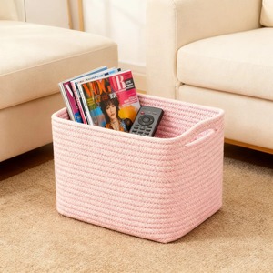 Panier en macramé rose, panier de rangement en fibre pour le rangement de la pièce, idéal pour les livres, les jouets, les articles de toilette et l'organisation quotidienne, en provenance d'Inde - Product Image 1