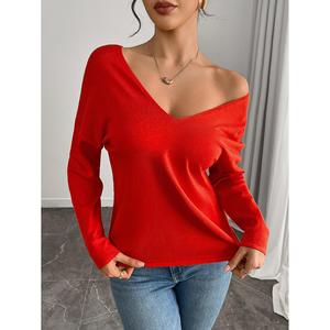 Pull-over d'hiver pour femme, col en V, manches longues, tricoté, avec ceinture - Product Image 2