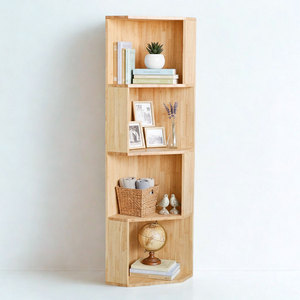 Étagère d'angle murale en bois naturel à 4 niveaux KGT68016, étagère de rangement en métal pour salon, salle de bain, cuisine, usage décoratif à domicile - Product Image 1