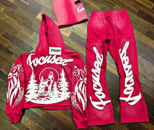 OEM Ensembles empilés de logo à impression bouffante personnalisés Ensembles de survêtements pour hommes Ensembles de pantalons évasés deux pièces Sweats à capuche Survêtements pour hommes - Product Image 1