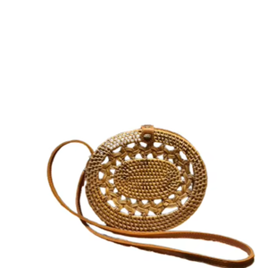 Lombok tradicional indonesio artesanía tejida a mano ovalada Gendit ratán bandolera con correa de cuero artesanías de mimbre - Product Image 1
