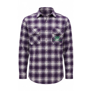 เสื้อเชิ้ตทำงานแขนยาวลายสก็อตสีม่วงขาวสำหรับผู้ชาย ผ้าฝ้าย สวมใส่สบาย พิมพ์ลายโลโก้ด้านหน้า - Product Image 2